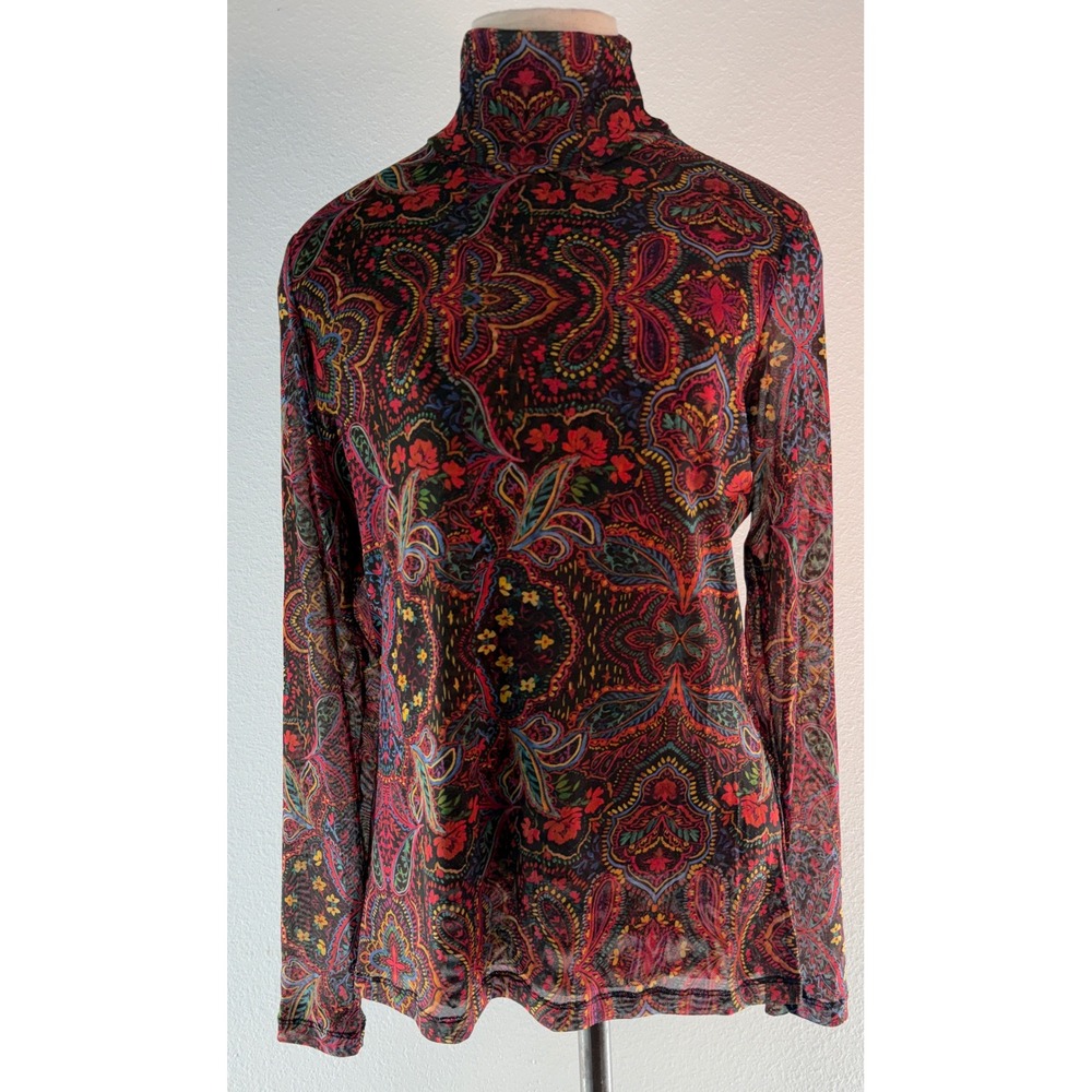 Johnny Was Potion Mock Neck Mesh Top Boho Paisley Colorful Sheer Festival Large